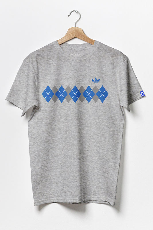 Grey t-shirt with blue diamond pattern and EFC Originals logo
